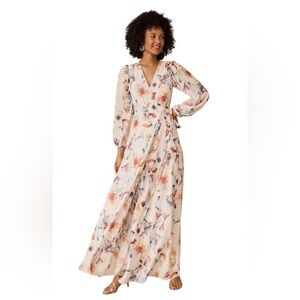 Anthropologie Yumi Kim Juliette Wrap Long Sleeve Maxi Floral Watercolour Dress S